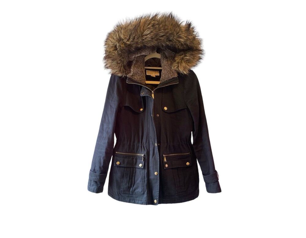 Michael Kors Jacket Womens Small Black Hooded Winter Parka Fur Hood